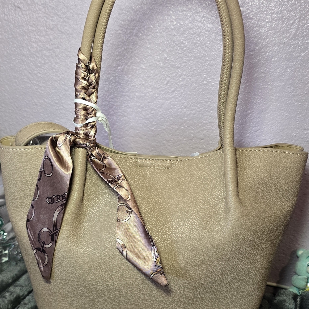 Taupe Pebbled Tote with Decorative Scarf